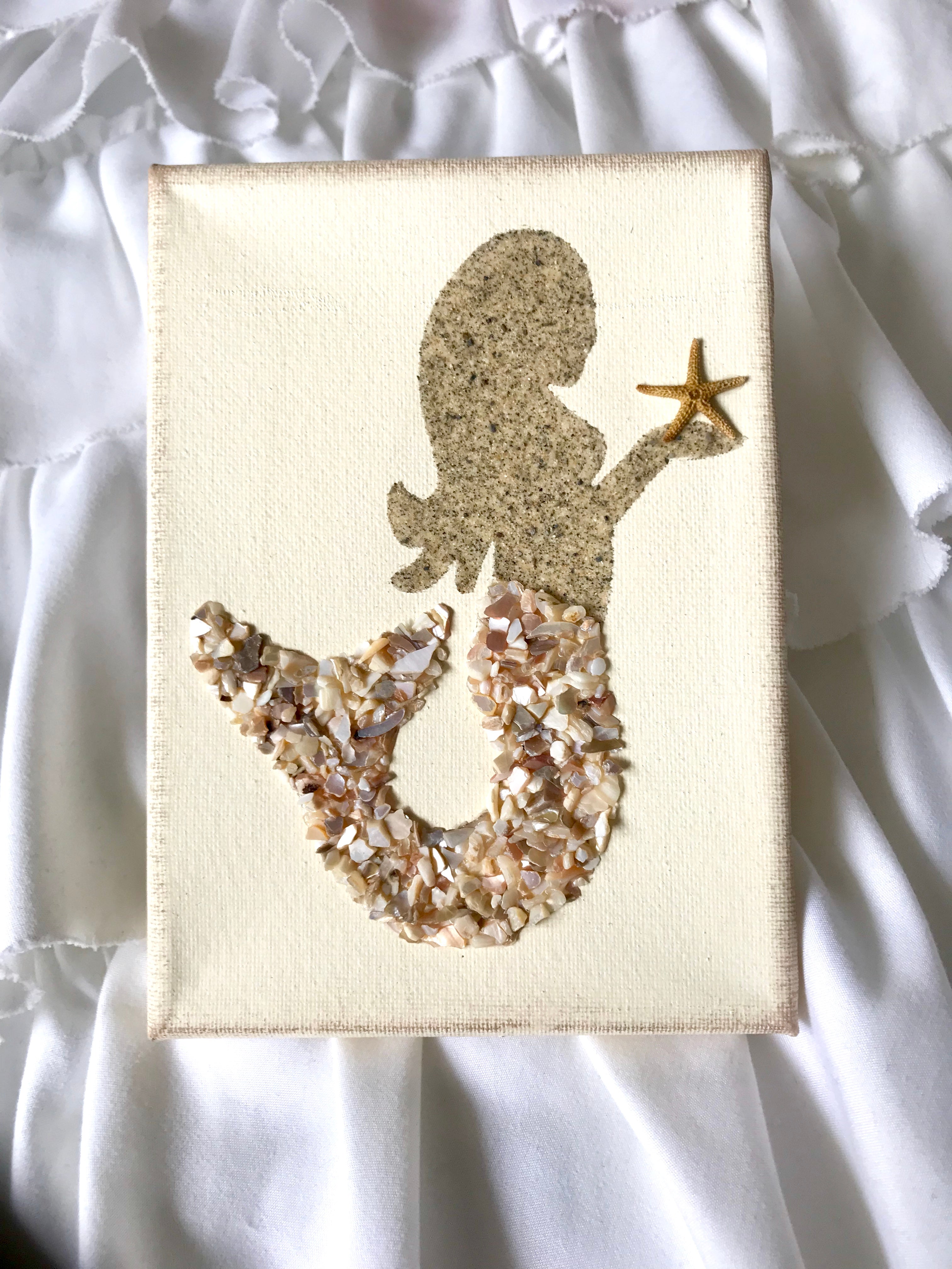 Mermaid on Canvas Made with Small Shells & Sand