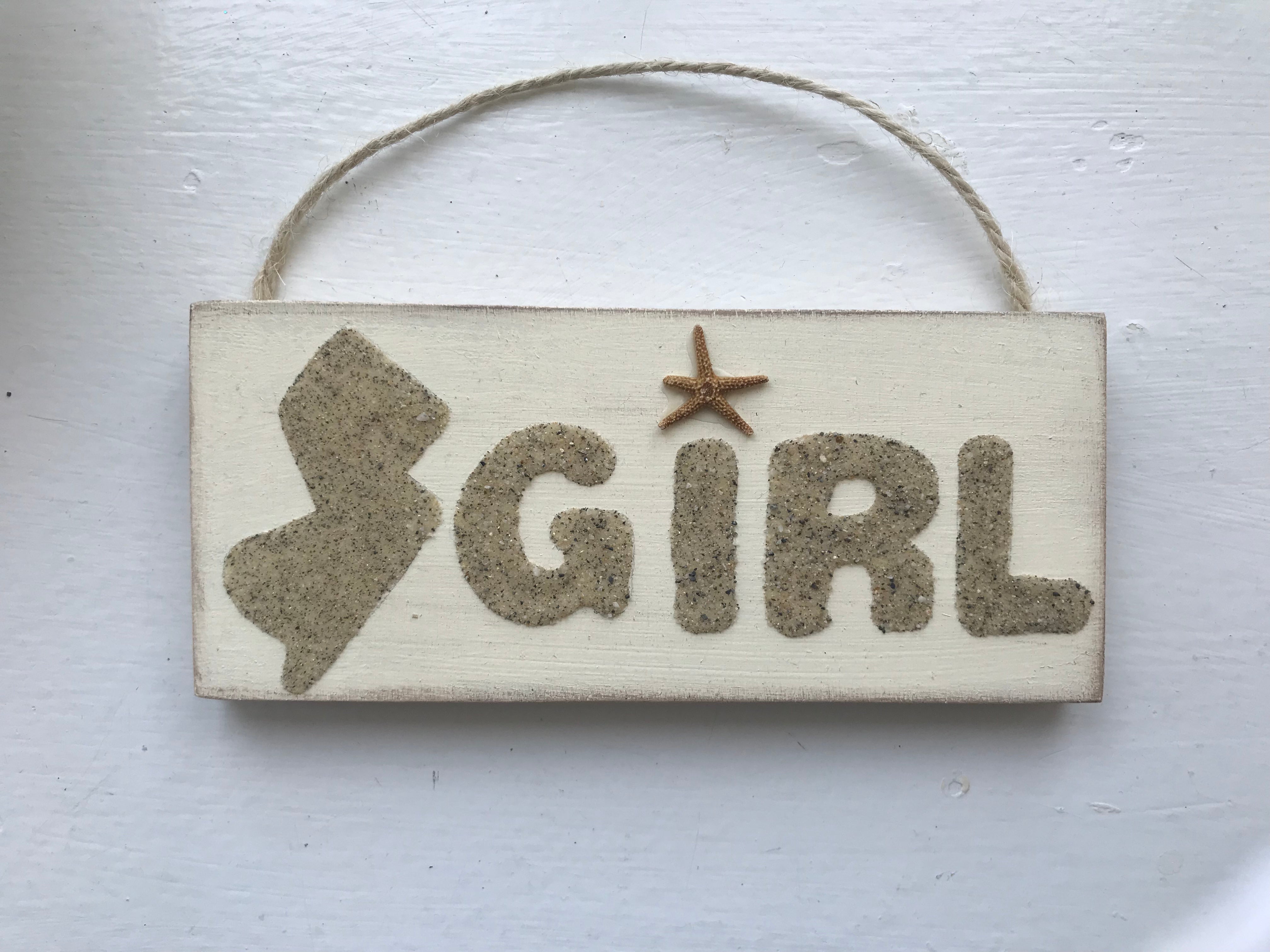 Jersey girl hanging wood sign Made with Sand
