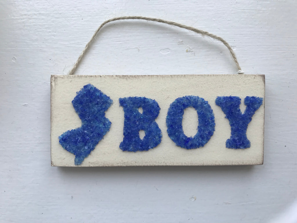Jersey boy hanging wood sign Blue Crushed Glass